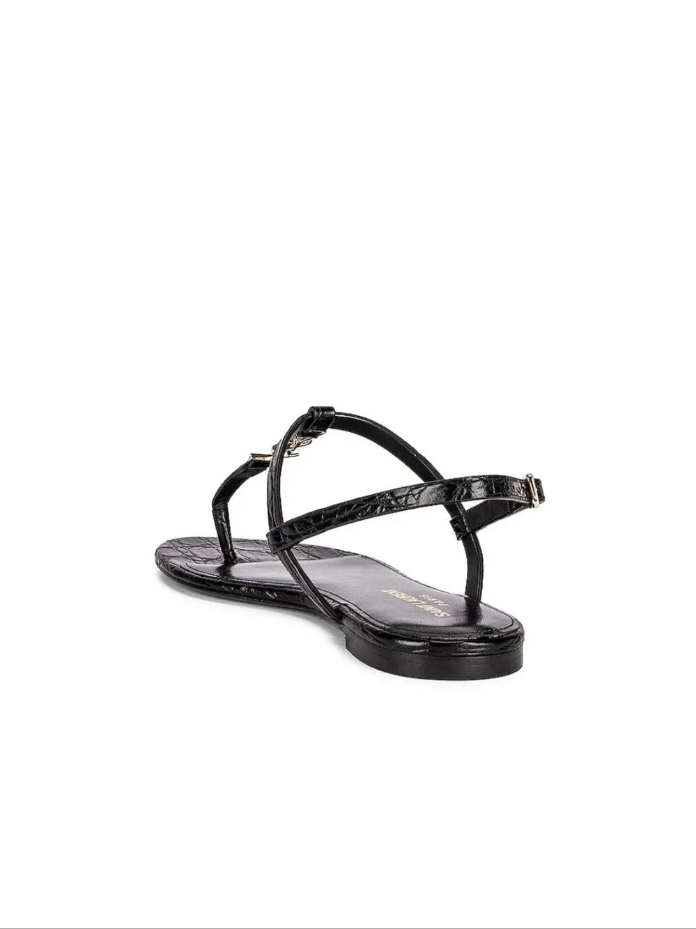 Saint Laurent Cassandra Embossed Croc Flat Sandals Black Size 6.5